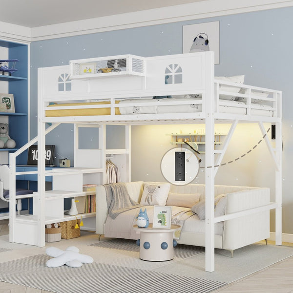 English Elm Metal Queen Loft Bed with L Shaped Desk Wardrobe Led Lighting and Usb for Teens White W2593S00057