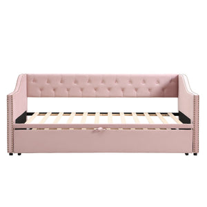 English Elm Twin Upholstered Daybed with Pop-Up Trundle, Space-Saving Guest Bed with Slats, Hydraulic Wheels, 81.9" L Pink SF000133AAH