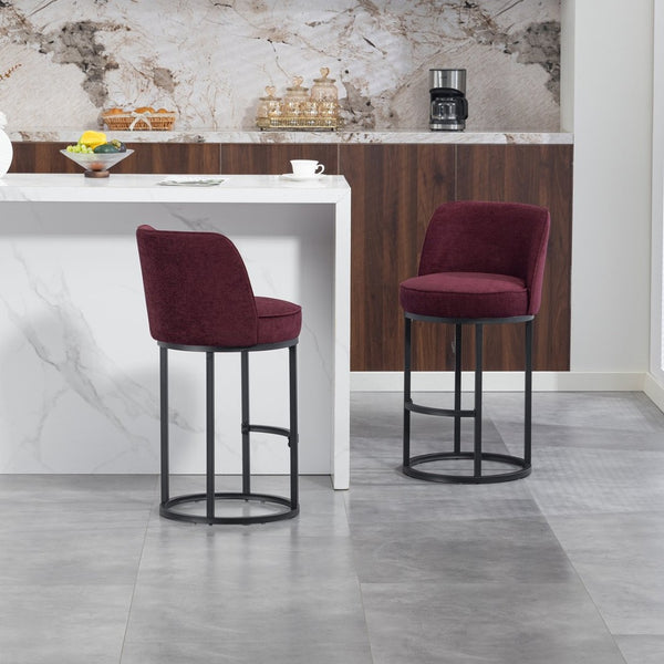 English Elm Counter Height Barstools Set of 2 Linen Upholstered Barrel Seat with Iron Legs Wine Red W395P410434