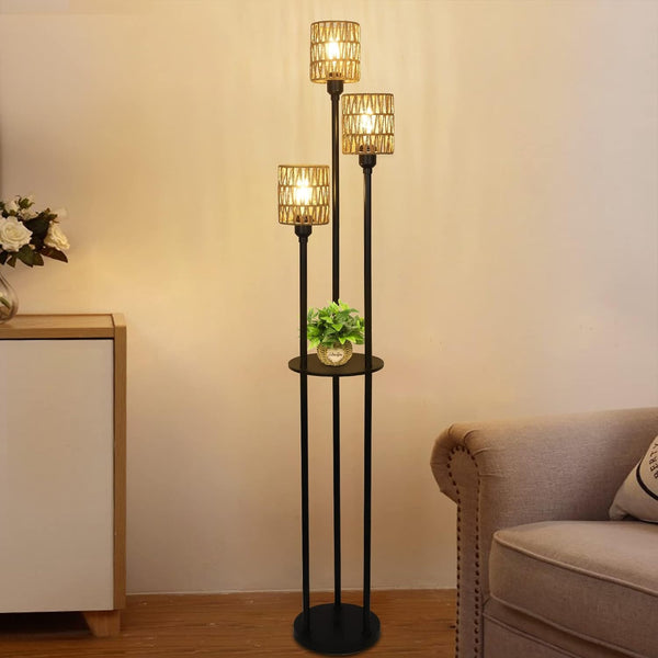 English Elm Boho 3-Light Floor Lamp with Shelf, Rattan Shades Rustic Tall Standing Lamp with Foot Switch W2738P185405