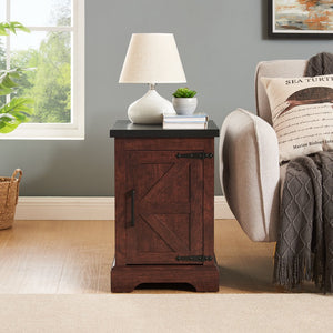 English Elm Farmhouse Rustic End Table with Barn Door Concealed Storage, Metal Handle, Retro Decor, Sturdy Base Oak W2275P192794