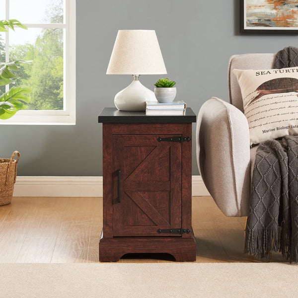 English Elm Farmhouse Rustic End Table with Barn Door Concealed Storage, Metal Handle, Retro Decor, Sturdy Base Oak W2275P192794