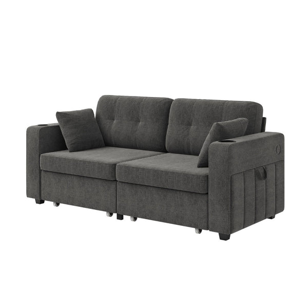 English Elm Sofas for Living Room Chenille Three Seat Couch with Usb Charging Storage and Cup Holder Gray W395S00143