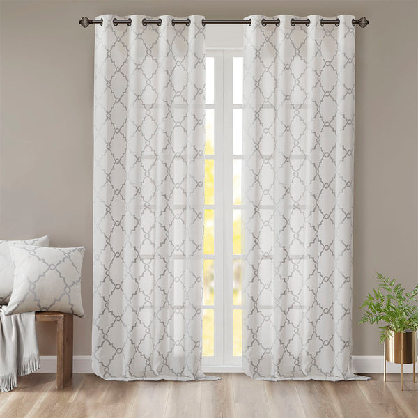 JLA Home Madison Park - Fretwork Metallic Fretwork Curtain Panel with Basket-Weave Cotton Blend, Gunmetal Grommet Top Finish Ivory/Grey MP40-2395