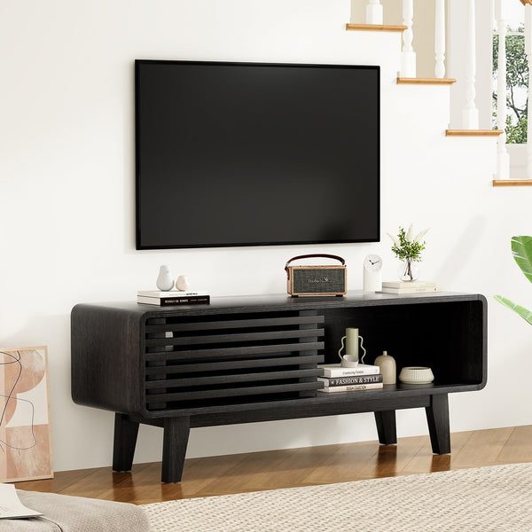 English Elm TV Stand Sleek Mid-Century Console with Sliding Door Storage and Open Shelves for Organized Living Room Black T3623P379948