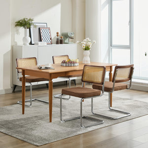 English Elm Mid Century Modern Dining Chairs Set Of 2 - Comfortable Linen Accent With Natural Cane & Chrome Base W1143P342097