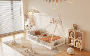 English Elm Twin House Bed with Roof and Fence for Kids – Sturdy Pine Frame, Vintage Wash Design, Safe Sleep Space White N709P183348K