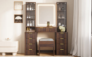 English Elm 43.5" Fluted Makeup Vanity with Led Mirror Glass Top Gold Hardware and Storage Stool Brown N704G202305P