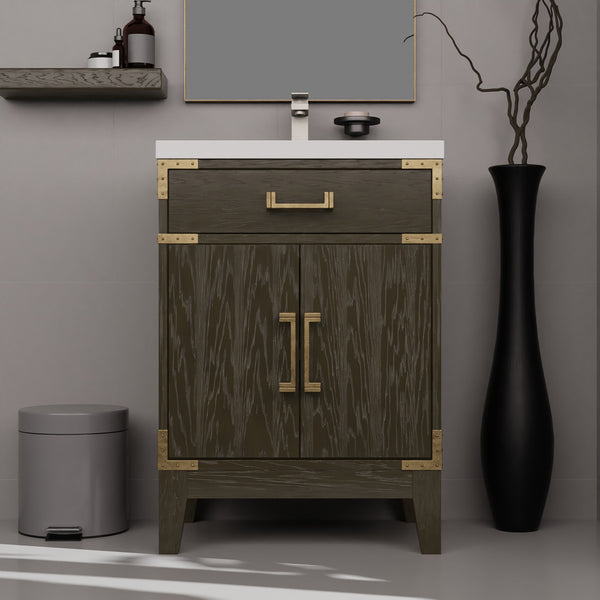 English Elm Brown Oak Single Bath Vanity - Compact 24" W Ready-To-Install Unit With Soft-Close Storage Cabinet B2731P259738