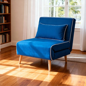 English Elm CANON Velvet Foldable Sleeper Chair with Piping — 3-Position Quiet Recline, Converts to Bed Fast Blue W3391P324987