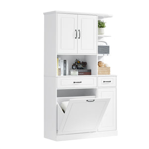 English Elm Tall Freestanding Organizer Cabinet with Tilt-Out Hamper, 2 Drawers, Adjustable Shelves, Modern White MDF Storage N725S352451K