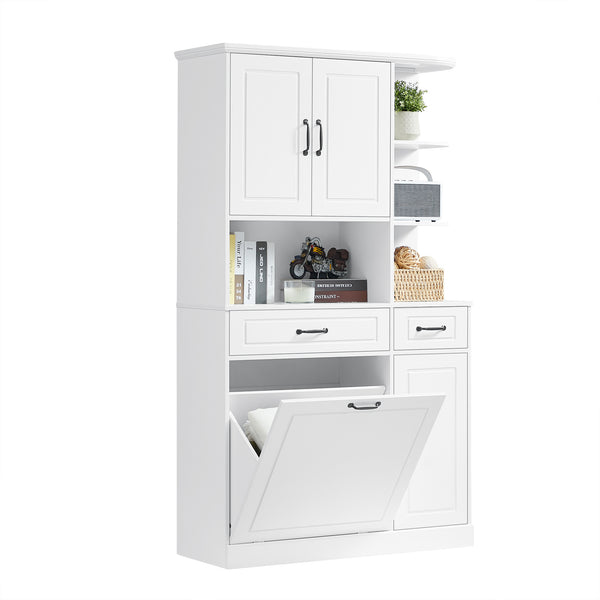 English Elm Tall Freestanding Organizer Cabinet with Tilt-Out Hamper, 2 Drawers, Adjustable Shelves, Modern White MDF Storage N725S352451K