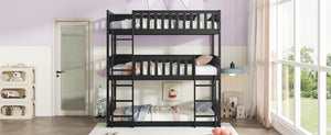 English Elm Twin Triple Rubberwood Bunk Bed with Ladders & Guardrails, Space-Saving Modular Design for Families Black W504S00173