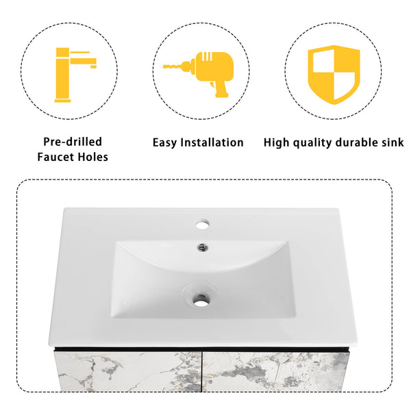English Elm 30'' Modern Floating Wall-Mounted Bathroom Vanity With Ceramic Sink & Soft-Close Doors For Small Spaces W999S00212