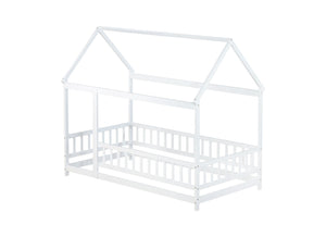 English Elm Twin Size House Floor Bed With Roof Frame & Safety Guardrails - Cozy Wooden Design For Kids' Rooms W504P286403-GIGA