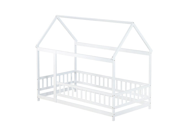 English Elm Twin Size House Floor Bed With Roof Frame & Safety Guardrails - Cozy Wooden Design For Kids' Rooms W504P286403-GIGA