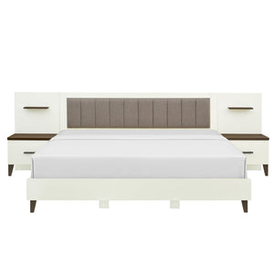 English Elm Christopher Knight Home® - King Upholstered Bed Frame with 108" Headboard and 2 Floating Nightstands, White & Brown Modern Storage N758K020304W
