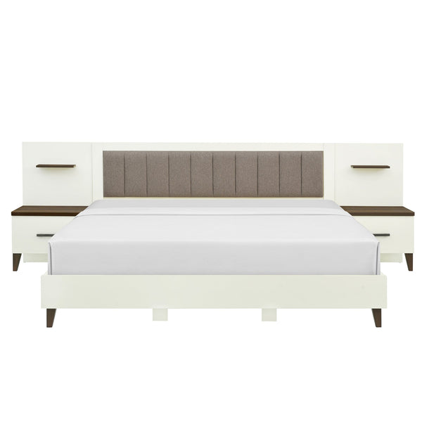 English Elm Christopher Knight Home® - King Upholstered Bed Frame with 108" Headboard and 2 Floating Nightstands, White & Brown Modern Storage N758K020304W