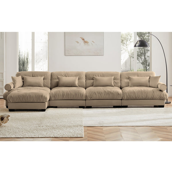 English Elm L L Shaped Sectional Cloud Sofa with Velvet Upholstery, Deep 4-Seater Modular Comfort, Luxe Bolster Support Camel W714S01102