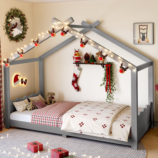 English Elm Twin House Frame Floor Bed Solid Pine Kids Room Montessori Low Profile Play Nook Gray W1580P387838