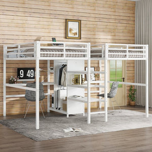 English Elm Twin Metal Loft Bed with Study Desk Wardrobe Shelving and Outlet for Kids Rooms W1580S00373
