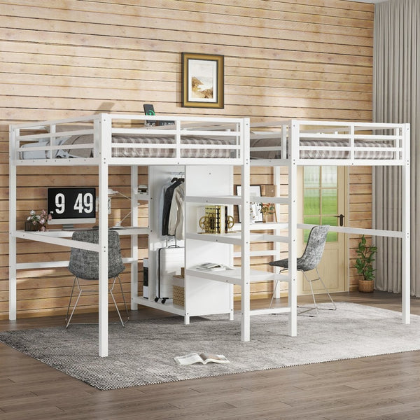 English Elm Twin Metal Loft Bed with Study Desk Wardrobe Shelving and Outlet for Kids Rooms W1580S00373