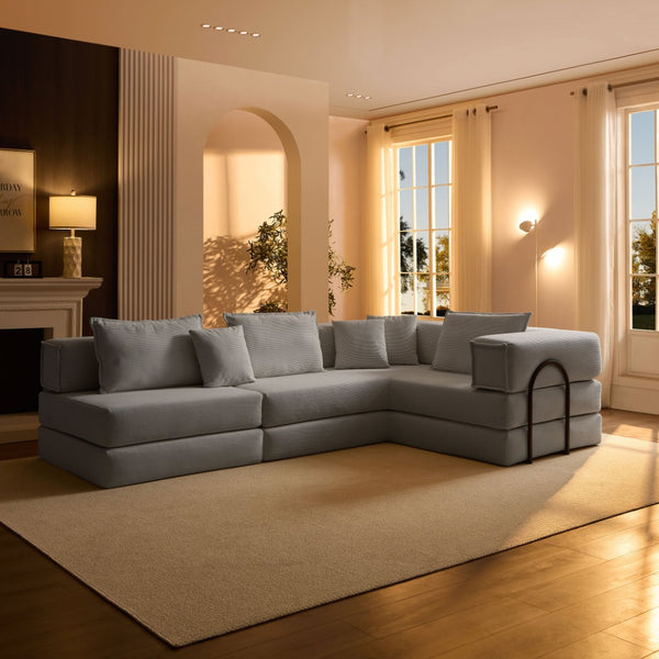 English Elm Oversized Corduroy Modular Sectional Sofa Low Profile Floor Lounge with Six Pillows W1885S00040