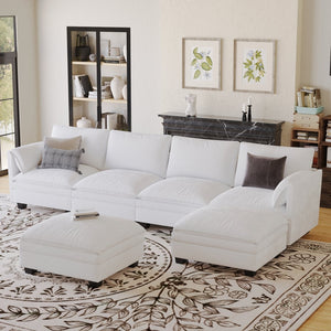 English Elm 141.5'' Large U-Shaped 6-Seater Sofa Couch With Movable Ottoman & Armrest Pockets For Modern Living W680S00041