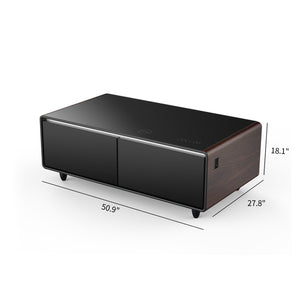 English Elm Modern Smart Coffee Table with Built-in Dual Fridge, Bluetooth Speakers, 15W Wireless Charge, RGB Lights Brown+Black W1172P320210