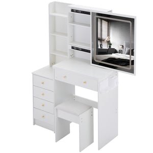 English Elm 37" Stylish Vanity Table Set With Cushioned Stool, Led Mirror, Usb Ports & Hair Dryer Stand - Perfect For Modern Bedrooms! W936P224319