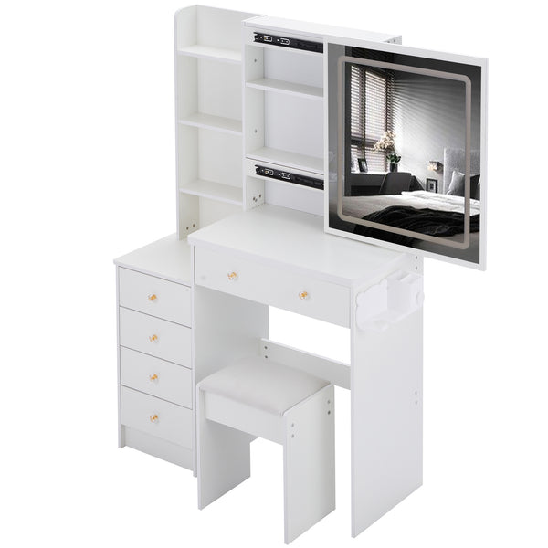 English Elm 37" Stylish Vanity Table Set With Cushioned Stool, Led Mirror, Usb Ports & Hair Dryer Stand - Perfect For Modern Bedrooms! W936P224319