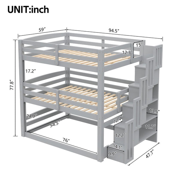 English Elm Full Size Triple Bunk Bed Solid Pine Frame with Storage Staircase Separate Convertible Design Gray N7090000477E