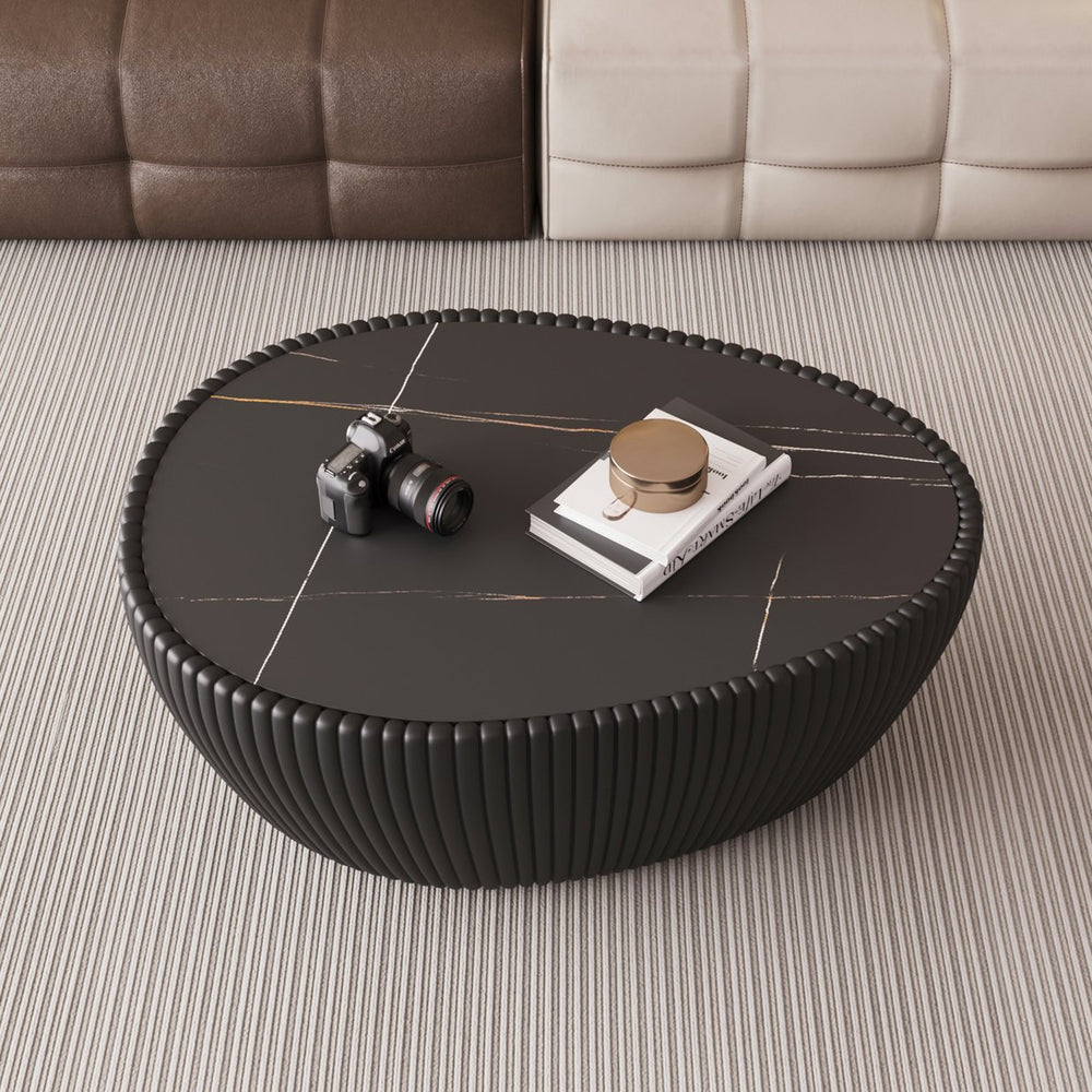 English Elm Black Black Marble Top Goose Egg Leather Coffee Table - Modern PU Leather Frame, Elegant Accent W3081P338226