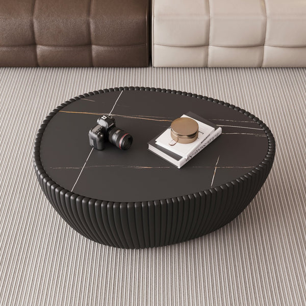 English Elm Black Black Marble Top Goose Egg Leather Coffee Table - Modern PU Leather Frame, Elegant Accent W3081P338226