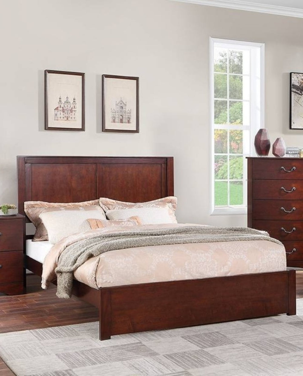 English Elm 1pc California King Bed Cherry Finish Two Panel Headboard Traditional Bedroom Frame B011S02094
