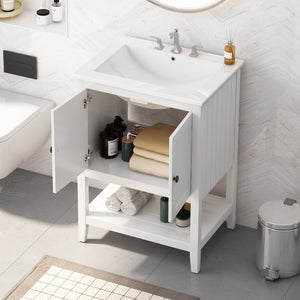 English Elm 24" Morandi White Bathroom Vanity with Ceramic Sink, Solid Wood Frame & Open Shelf, Modern Elegance N725P189823K