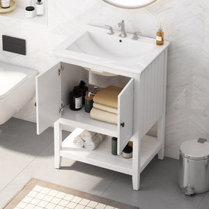 English Elm 24" White Modern Sleek Bathroom Vanity Elegant Ceramic Sink With Solid Wood Frame Open Style Shelf