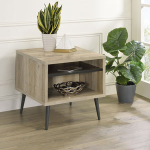 English Elm Balboa Distressed Square Engineered Wood End Table with Open Shelves and Black Metal Legs, Airy Design Pine Wood B062P375554