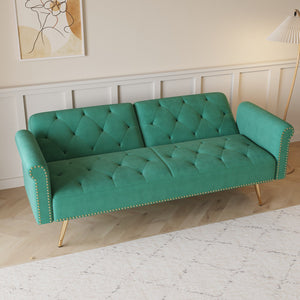 English Elm A Velvet 69.7" Sofa Bed with Gold Legs, Nailhead Trim, 2-Seater Convertible Sofa with Pillow Green W3356P298451