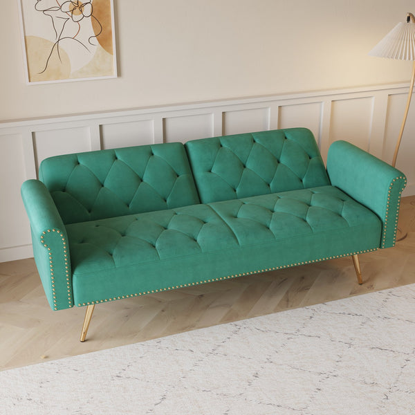 English Elm A Velvet 69.7" Sofa Bed with Gold Legs, Nailhead Trim, 2-Seater Convertible Sofa with Pillow Green W3356P298451