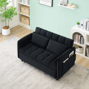 English Elm 52 Black Modern Velvet Sofa Bed 3-in-1 Convertible Loveseat with Pillows, Pockets, Metal Legs, 500lb Capacity W1658P266335