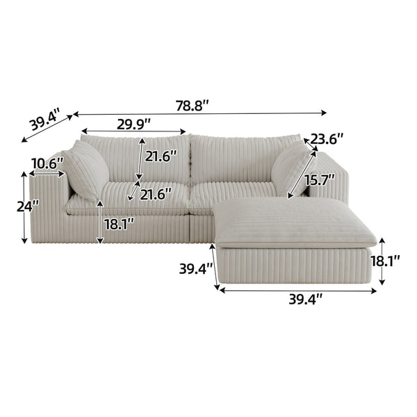 English Elm 39.8" Cloud Modular Sofa Plush Corduroy Deep Seat Feather Fill Living Room Couch White W2824S00195