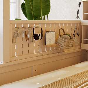 English Elm Twin Xl Over Queen Bunk Bed with Led Lighting Shelving and Pegboard Pinewood Frame Beige LT000280AAA