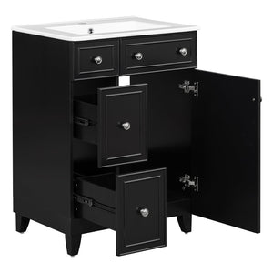 English Elm 24-Inch Bathroom Vanity Cabinet with Ceramic Sink, Space-Saving Storage, Solid Wood Feet, Durable Finish Black WF532034AAB