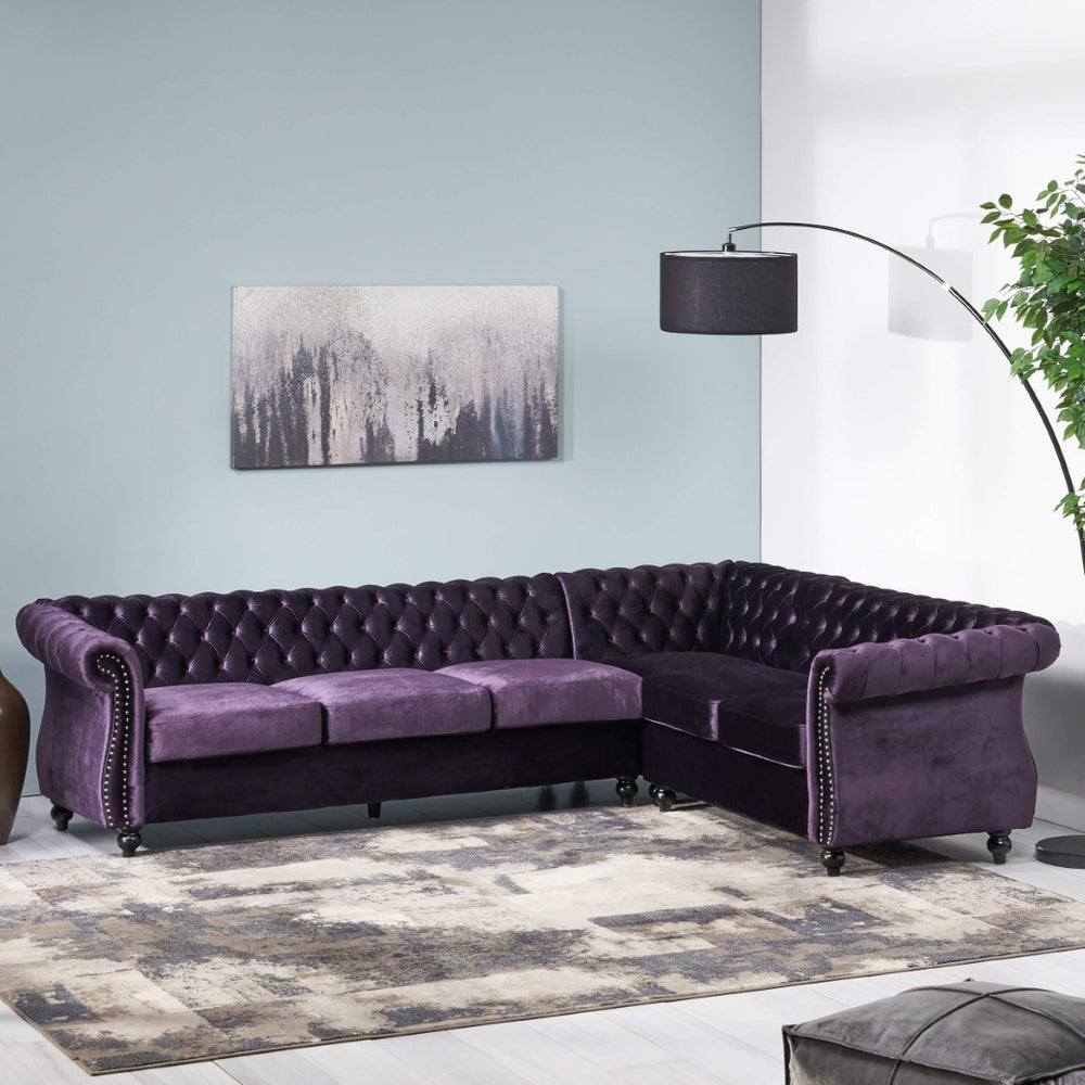English Elm Mirod Velvet L-shaped Sectional Sofa Tufted Arms Rivet Accents Retro Living Room N760S0000038A
