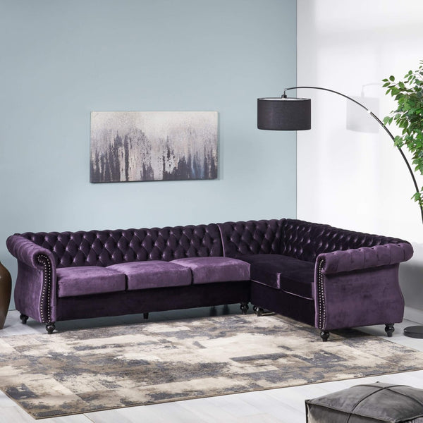 English Elm Mirod Velvet L-shaped Sectional Sofa Tufted Arms Rivet Accents Retro Living Room N760S0000038A