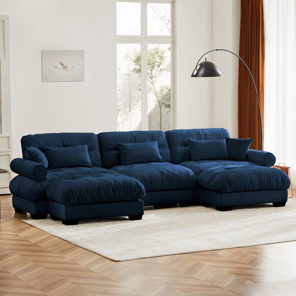 English Elm U Shape Velvet Modular Sectional Sofa with Movable Ottomans, Deep Cloud Seats and Bolster Arms Blue W714S01118