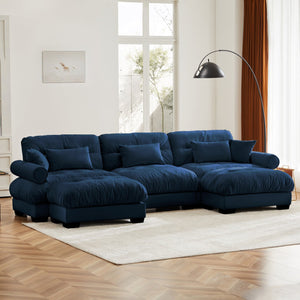 English Elm U Shape Velvet Modular Sectional Sofa with Movable Ottomans, Deep Cloud Seats and Bolster Arms Blue W714S01118