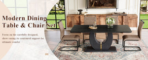 English Elm Black Wood Grain Mdf Dining Set Seats Four with Brown Fabric Upholstered Chairs W1151S04443