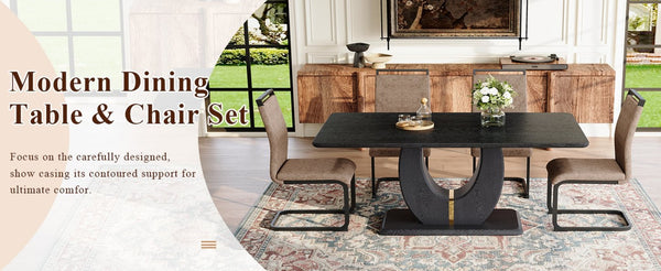 English Elm Black Wood Grain Mdf Dining Set Seats Four with Brown Fabric Upholstered Chairs W1151S04443